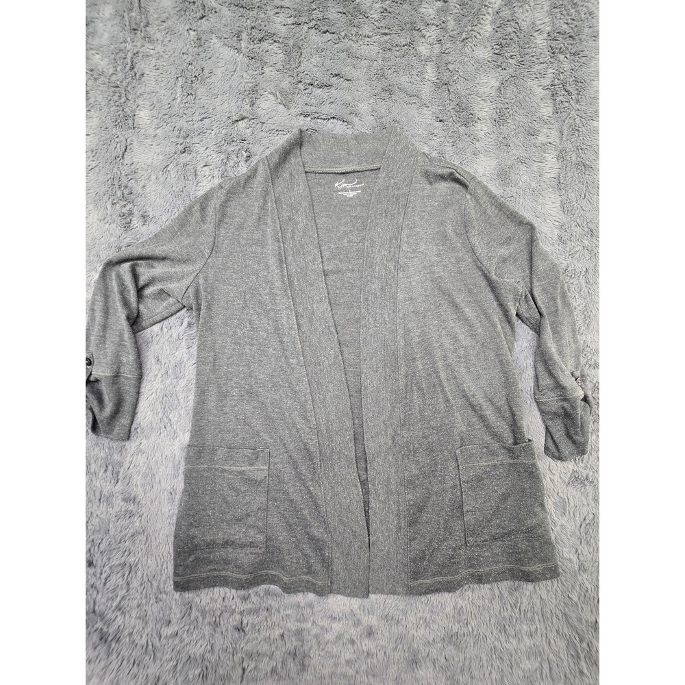 Kim Rogers Women Gray Open Front Cardigan Pocket 3/4 Tab Sleeve Sweater Large